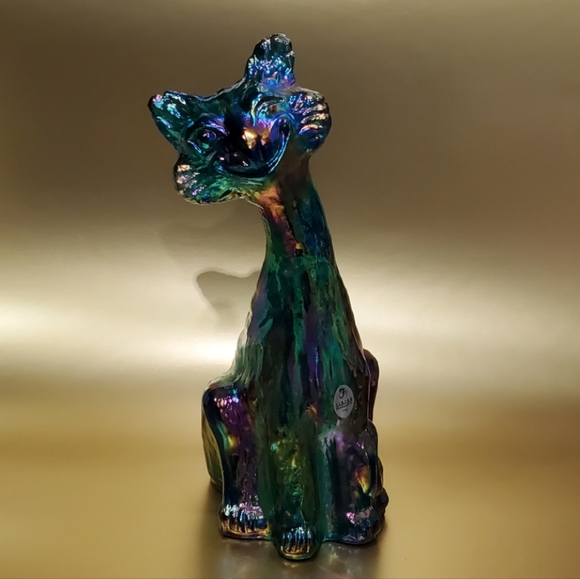 Fenton 11" Winking Alley Cat Emerald Forest Green Iridescent Art Glass Sculpture - Picture 8 of 14